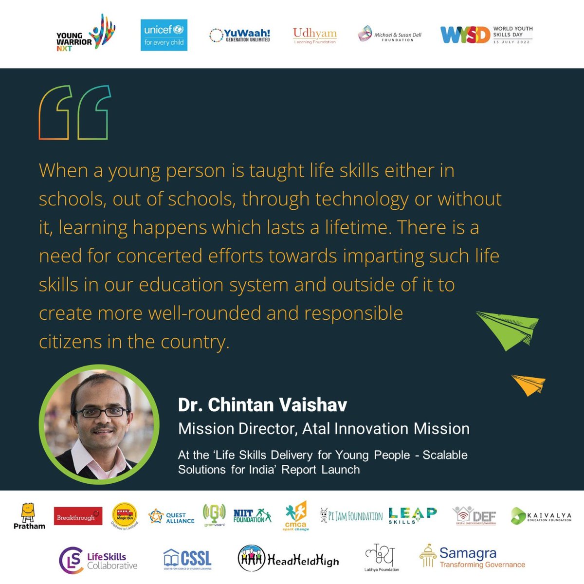 .<a href="/DrChintan_V/">Chintan Vaishnav</a>, Mission Director, <a href="/NITIAayog/">NITI Aayog</a> speaking at the report launch of "Life Skills Delivery for Young People - Scalable Solutions for India". 

Click here to catch the event live - youtu.be/K55pJfyHG2w 

#YWNXT #WYSD2022