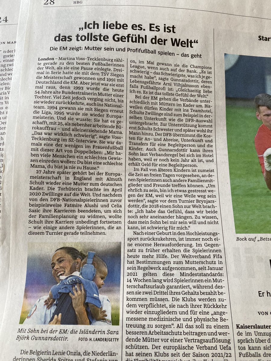 @janinakugel @jagodamarinic Und in der gleichen Zeitung im Sport-Teil ein Artikel, der ernsthaft aufzählt, wie viele Mütter es bei der Fußball-Europameisterschaft in England gibt, die trotzdem mitspielen. Habe noch nie gelesen, dass sich Redaktionen fragen, wie das bei Männern funktioniert. #nochvielzutun