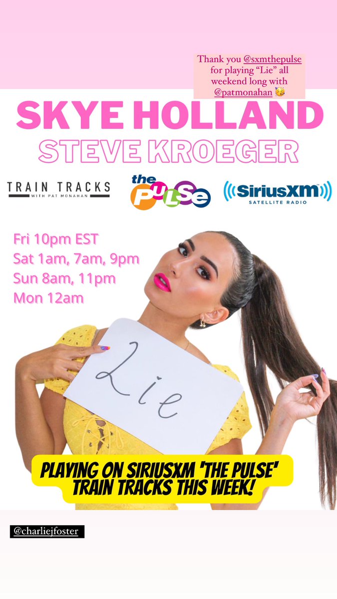 Skye Holland (@iamskyeholland) on Twitter photo Thank you <a href="/siriuspulse/">The Pulse</a> for playing “Lie” all weekend long with <a href="/patmonahan/">Patrick Monahan</a> 🥳 <a href="/SIRIUSXM/">SiriusXM</a> #traintracks <a href="/SteveKroegerMus/">Steve Kroeger</a> Thank you <a href="/siriuspulse/">The Pulse</a> for playing “Lie” all weekend long with <a href="/patmonahan/">Patrick Monahan</a> 🥳 <a href="/SIRIUSXM/">SiriusXM</a> #traintracks <a href="/SteveKroegerMus/">Steve Kroeger</a>