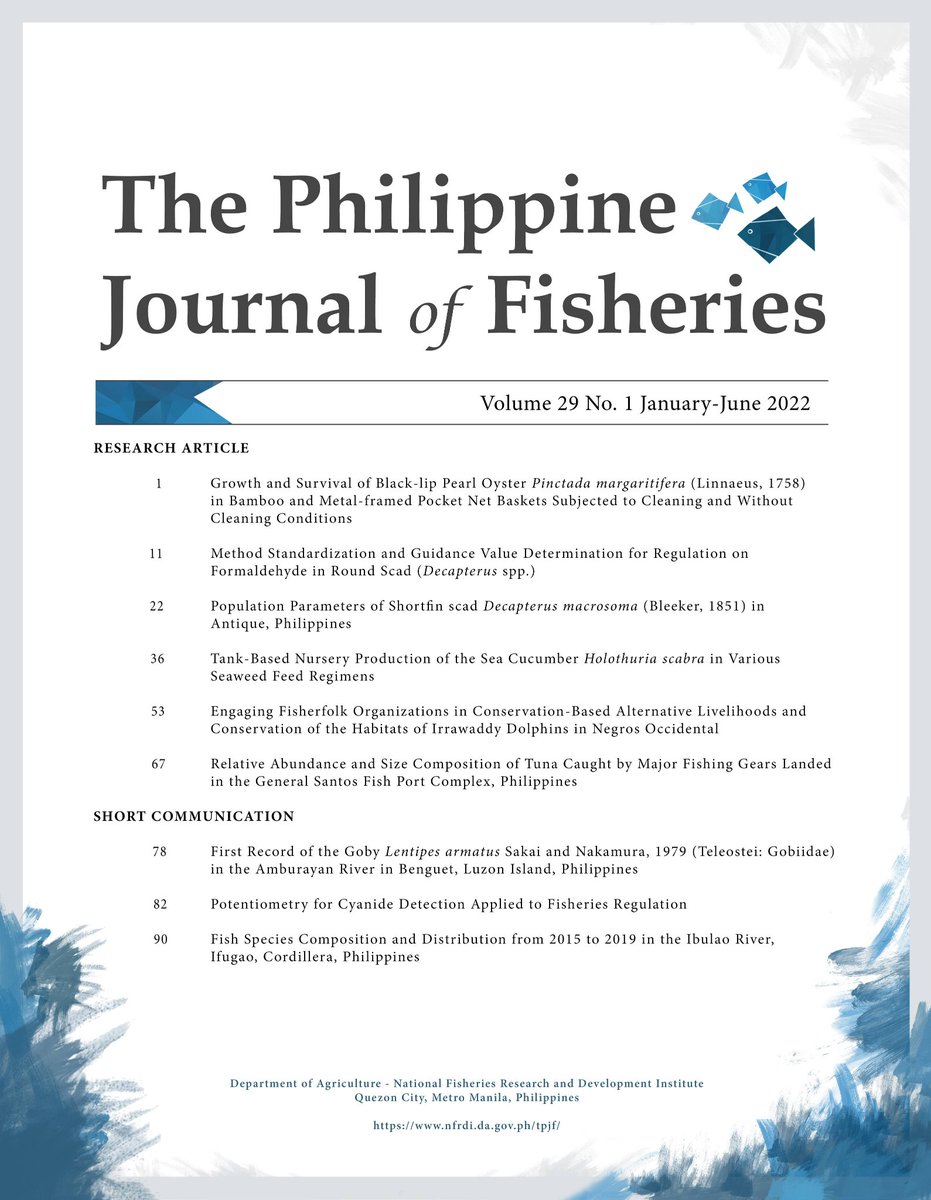 TPJF_NFRDI's tweet photo. TPJF Vol 29 No 1 June 2022 issue is now out! ๐ฅณ
The current issue contains 6 research articles and 3 short communications. You may freely access them through our website https://t.co/fe8thljob5
#TPJF #PhilippineFisheries #NFRDITeach #NFRDIinAction https://t.co/CU9raKpuXD