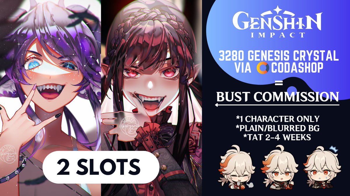 kwywii's tweet photo. [GENSHIN #COMMISSION]

Want to get Kazuha so bad 😣😣 so I'm opening TWO (2) full render bust slots exampled below in exchange for 3280 genesis crystals ($49.99) in Genshin Impact strictly via Codashop only! UID and Server to be sent through DM ^_^ https://t.co/v5ltXIEw4e