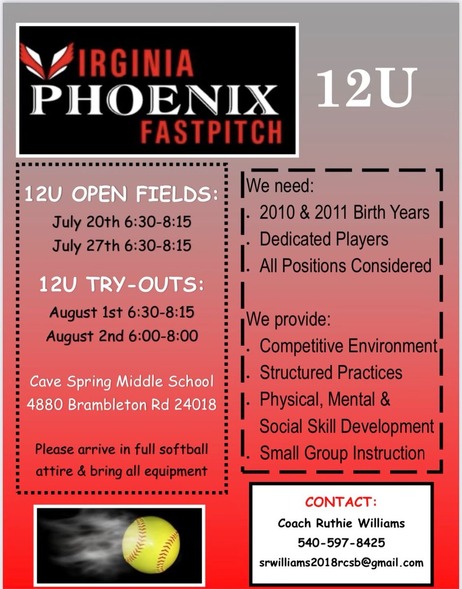 Teams coached by former college athletes/Coaches ✅
Local Indoor facility ✅
All dues go to YOUR athlete and there team ✅
A Organization that’s bringing the FAMILY back to travel ball and leaving the business behind ✅
Come 👀what the Va. Phoenix are all about! @fastpitch_06