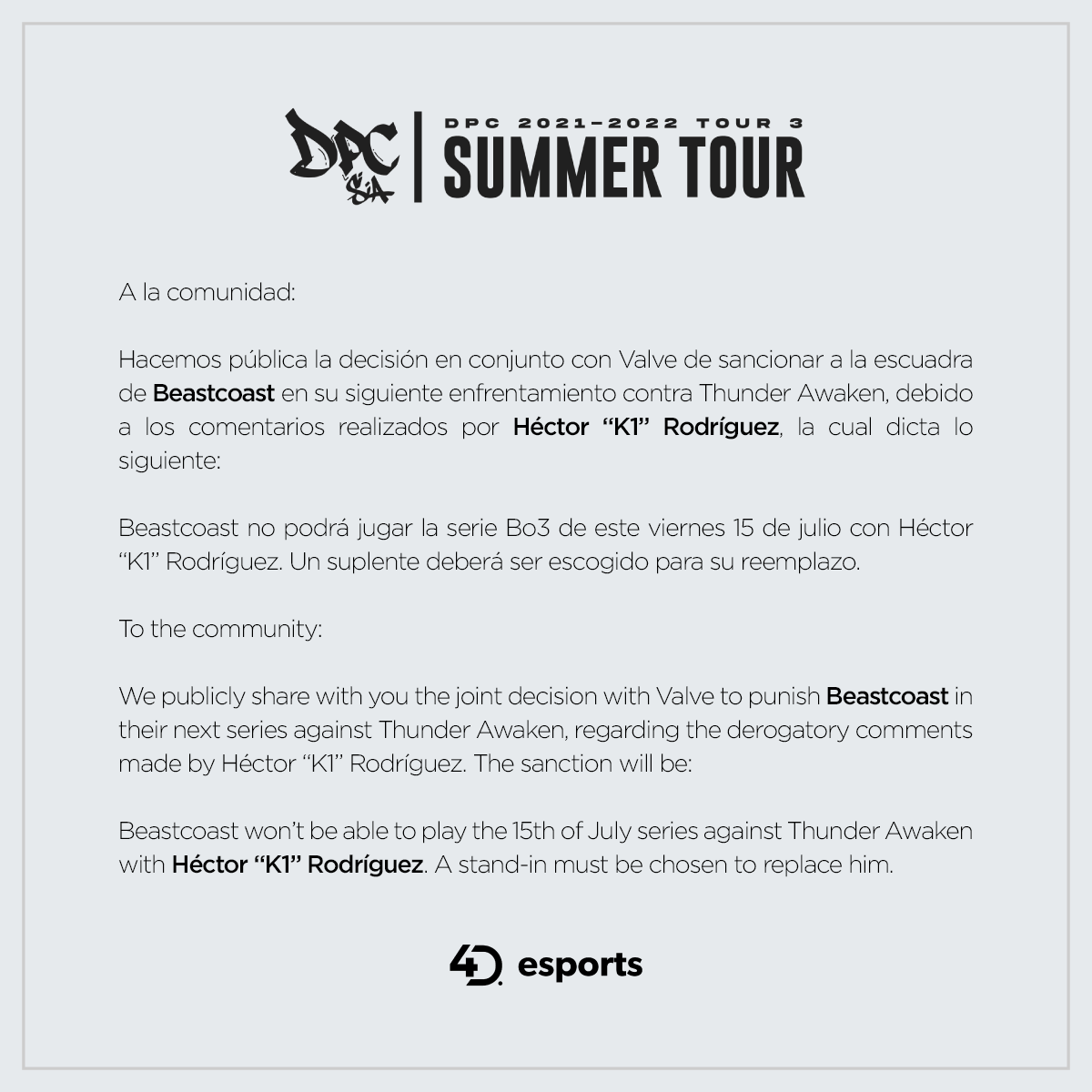 Esports4d's tweet photo. Dear community, we share with you the official information regarding the sanction that @beastcoast will receive on their next series.

(ENG at the end) https://t.co/qzDz3FLKH2