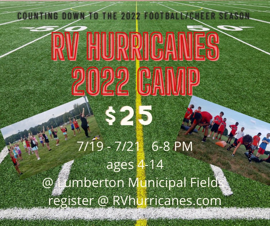 NEXT WEEK: Don’t miss the Hurricanes 2022 football 🏈 and cheer 📣 camp! Come try cheer or football for the first time or come to get ready for the 2022 season! Everyone is welcome ❤️🖤🤍 rvhurricanes.com to register
