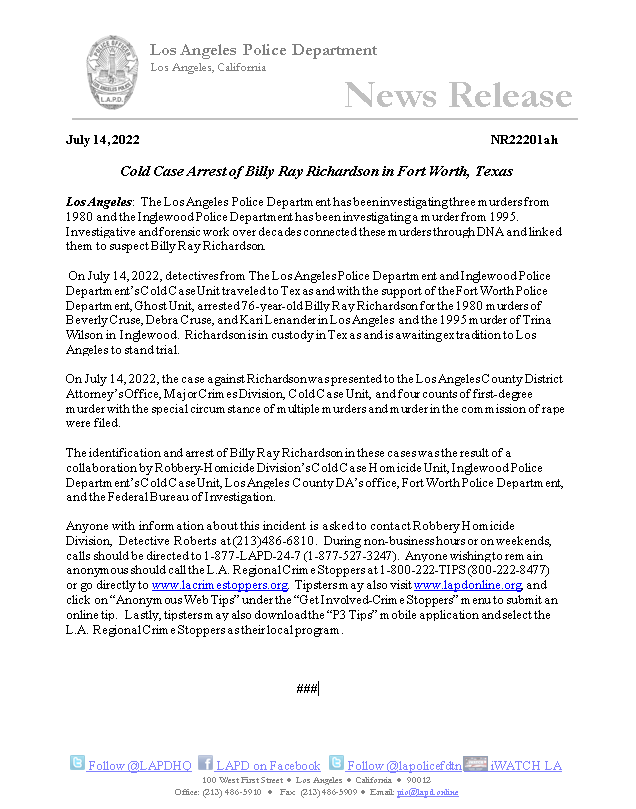 LAPDPIO's tweet image. LAPD News: Cold Case Arrest of Billy Ray Richardson in Fort Worth, Texas