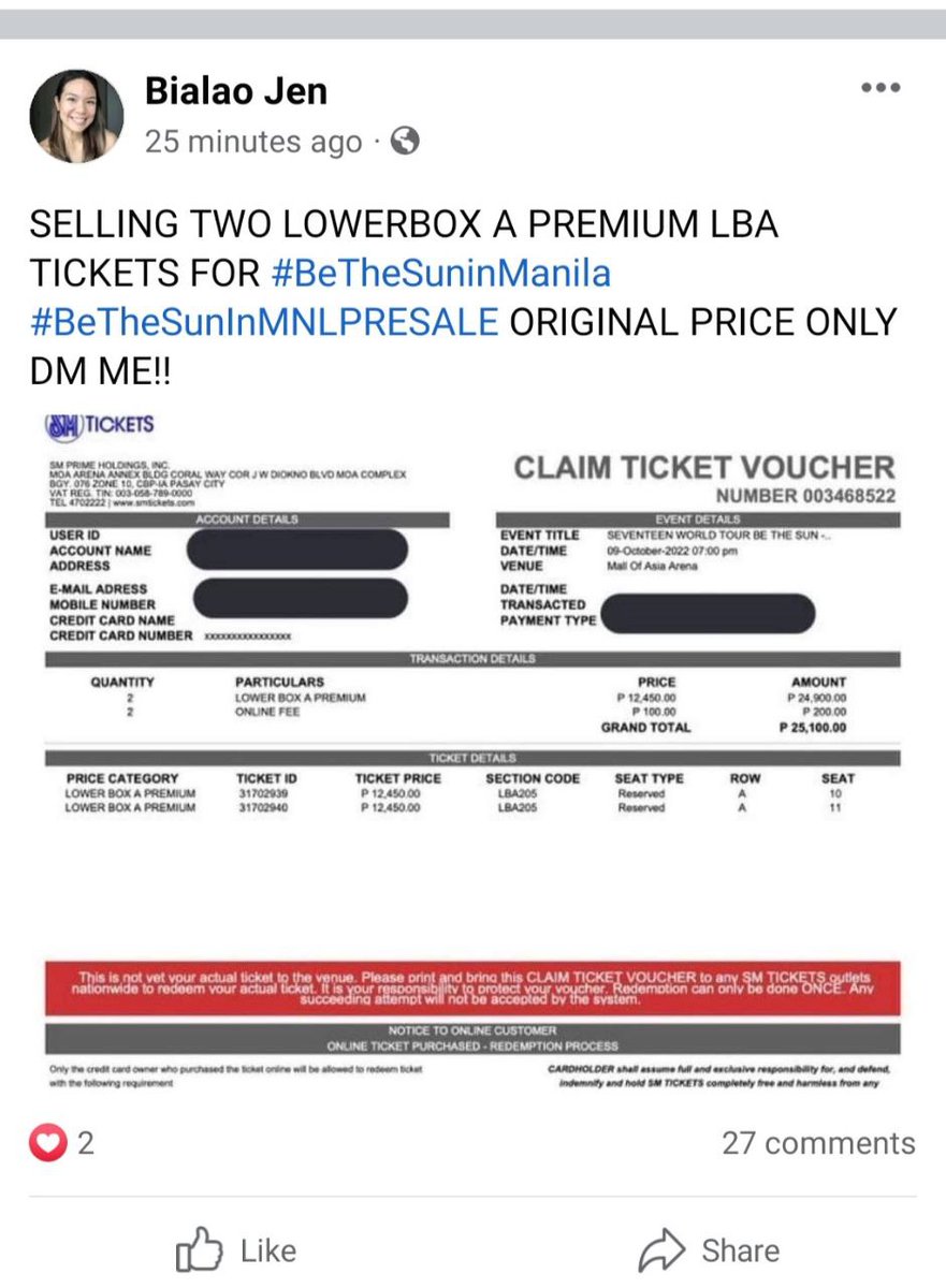 reignaross's tweet photo. SCAMMER ALERT!

CARATS! Beware of this scammer! Do not buy from this person name Bialao Jen. This person is trying to sell Seventeen BeTS tickets. Halatang desperada pa. Even saw a post na this person is buying an old account.
Help RT!

#BeTheSunInMNLSALE
#SCAMMER
#SEVENTEEN https://t.co/BGDH4tGr3a