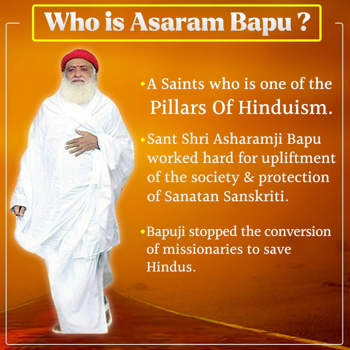 AshramAlandi's tweet photo. Who Is Asaram Bapu ?
Sant Shri Asharamji Bapu is great Hindu Saint who has given his whole life to protect Sanatan Dharma.
#LifeOfAYogi i.e. Jeevan Jhanki in short,
Started Parents Worship Day on 14th Feb,Tulsi Poojan Diwas on 25th Dec
Stopped conversion in tribal areas. https://t.co/N5EhM2W9Ad