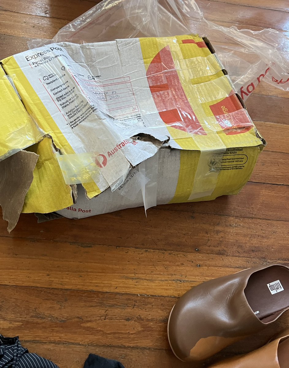 Thanks for the express post of my completely disintegrated package and water damaged shoes 😭 Delightful touch to cover with plastic AFTER complete submersion <a href="/australiapost/">Australia Post</a>