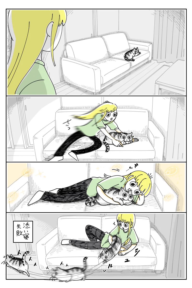 添い寝をしようとすると逃げてしまう猫！何度もチャレンジした末にようやく添い寝に成功するも･･･！