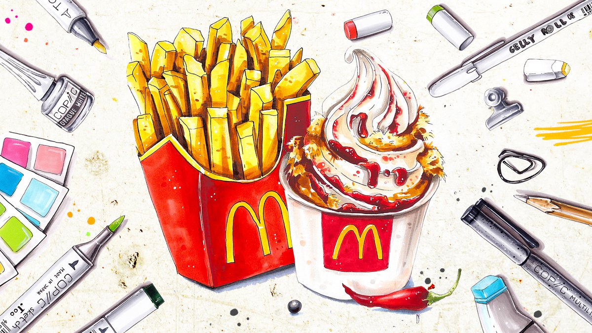 art_is_journey's tweet image. Drawing food from McDonald&apos;s using Copic markers | Travel Journal youtu.be/Hn9aSY6Gs8w #markertutorial #artjournal #markerdrawing