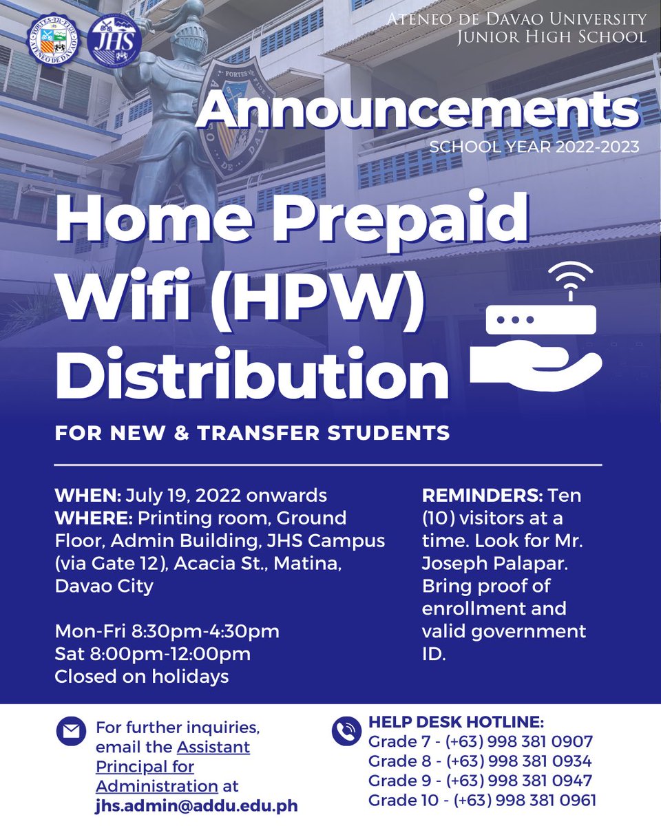 Ateneo de Davao University JHS (@addu_jhs) on Twitter photo ANNOUNCEMENT | Home Prepaid Wifi (HPW) distribution for new and transfer enrolled students start on Tuesday, July 19, 2022 onwards. See poster for more details.
Classes start on July 18, 2022.
Enrollment is ongoing at
jhs.addu.edu.ph/enroll
<a href="/addujhs_osa/">AdDU JHS OSA</a> @asecofficial23 ANNOUNCEMENT | Home Prepaid Wifi (HPW) distribution for new and transfer enrolled students start on Tuesday, July 19, 2022 onwards. See poster for more details.
Classes start on July 18, 2022.
Enrollment is ongoing at
jhs.addu.edu.ph/enroll
<a href="/addujhs_osa/">AdDU JHS OSA</a> @asecofficial23