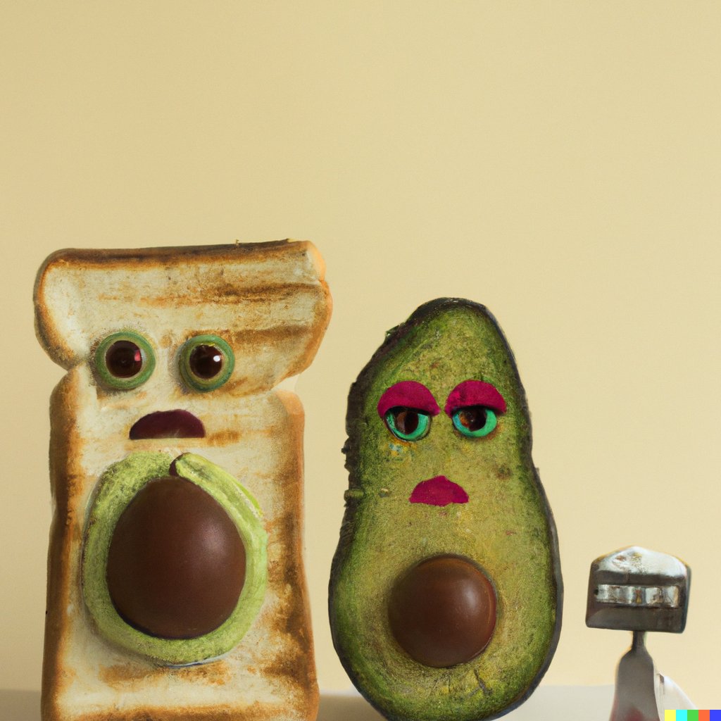 minimaxir's tweet photo. "American Gothic" by Grant Wood except with anthropomorphic avocado toast subjects instead of human subjects (DALL-E 2) https://t.co/bvLnMzVpvq
