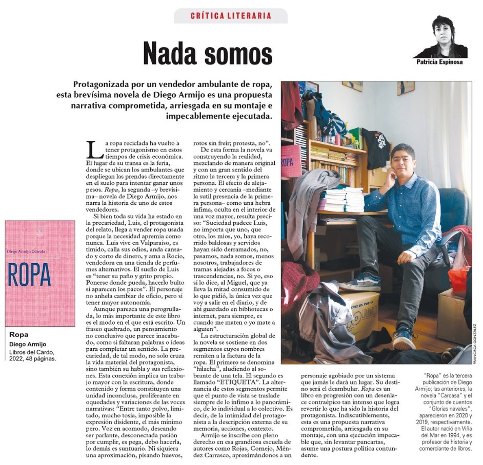 «Nada somos», la crítica de @pespinosah sobre «Ropa» de @diegoarmijo_o editado por @librosdelcardo (Viernes 15 en LUN)