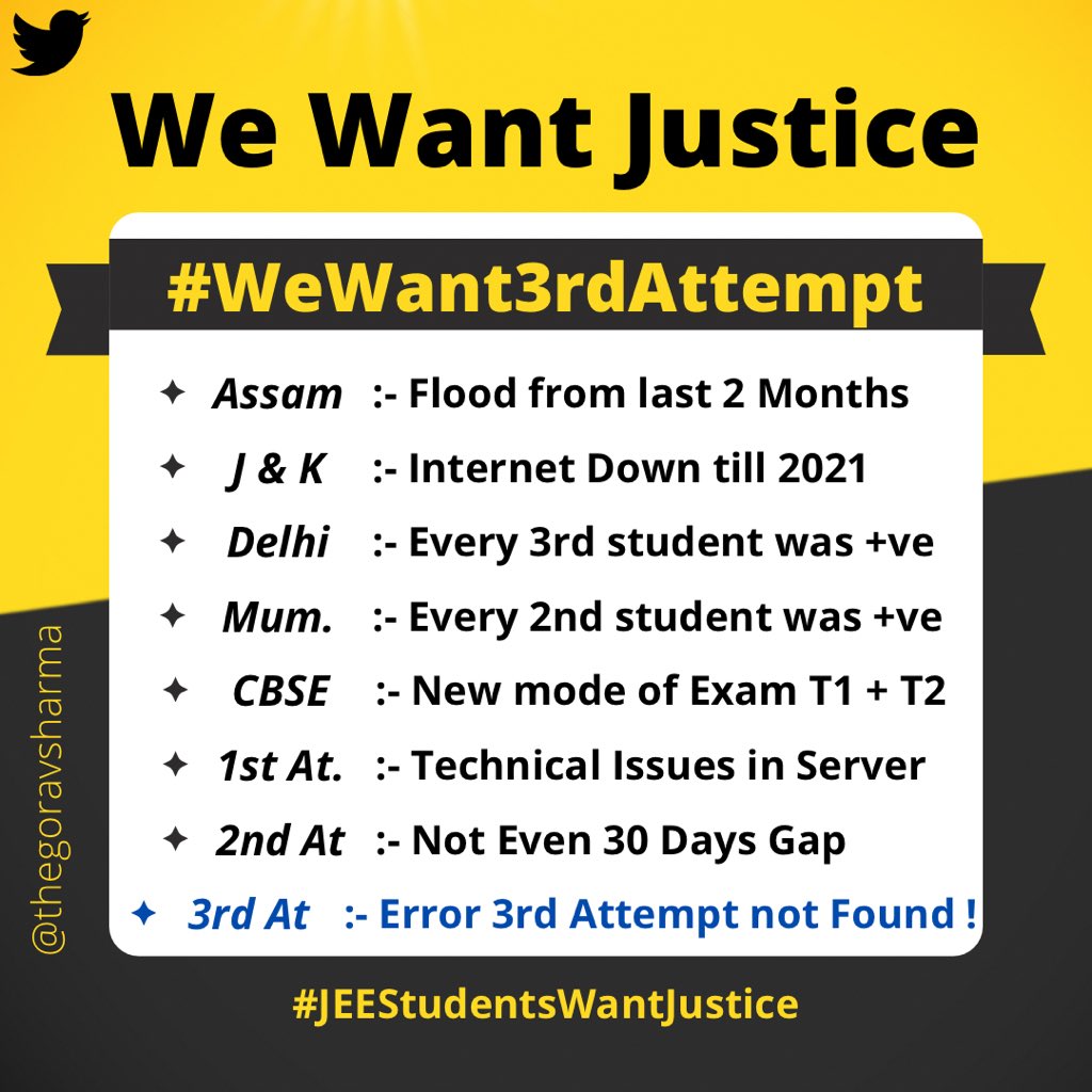 e_Indian_'s tweet photo. #NEETUGDeserveJustice #JEEStudentsWantJustice #CUET
.
Dear students it’s time to unite,
.
Let’s trend #StudentsWantJustice and take care to give 30 second gap between each tweet and also most importantly each tweet should be unique otherwise hashtag will be removed from trending. https://t.co/dQ91uTZTUL