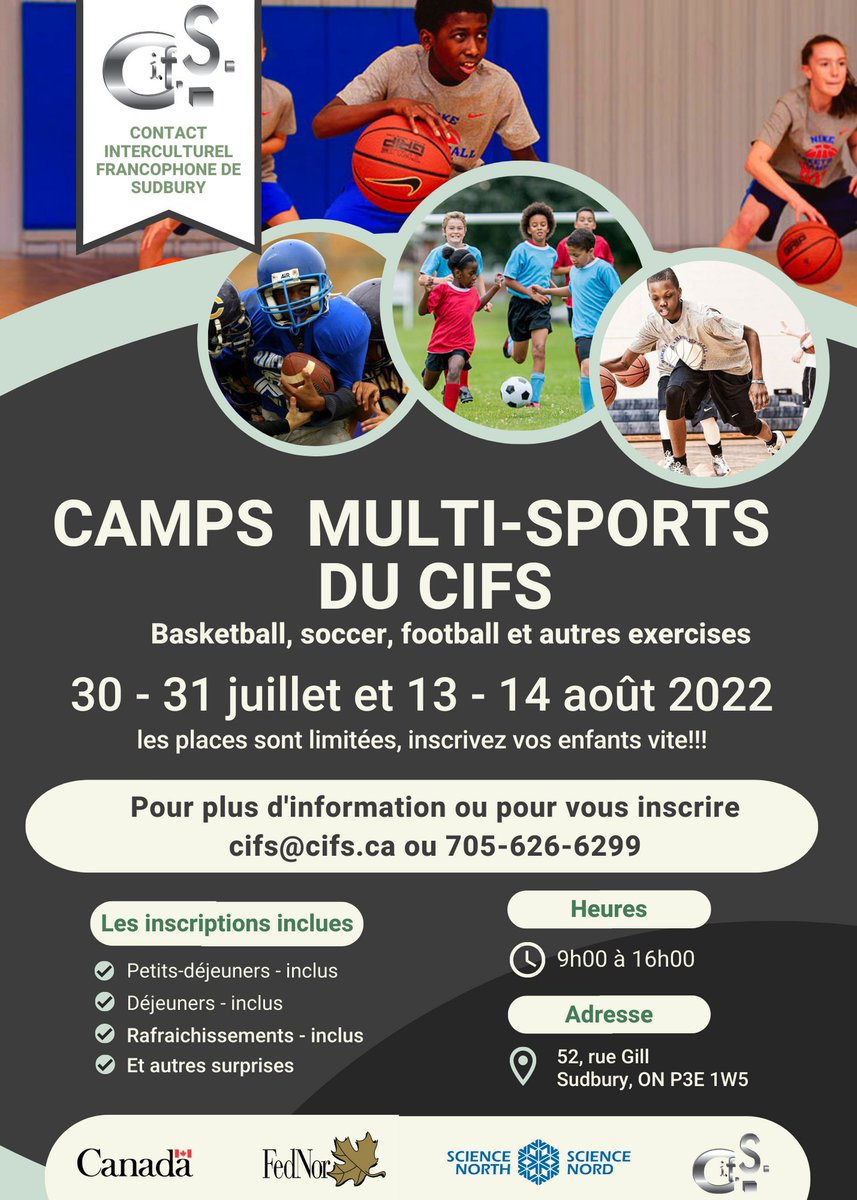 CIFS01's tweet photo. Camps d'été gratuits pour enfants du 30-31 juillet et 13-14 août 2022
@CIFS01 et ses partenaires offrent un camp de deux jours gratuits aux enfants de la communauté. Une occasion unique d’apprendre le basketball, le soccer, le football et encore plus #ONFR #Diversité https://t.co/VMOIz18iVr