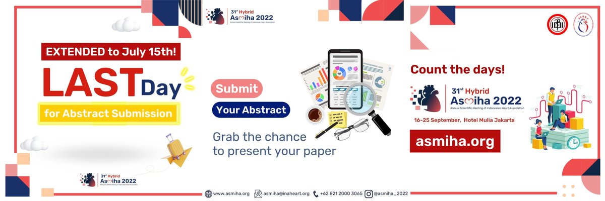 asmiha2024's tweet photo. TODAY is the LAST DAY to SUBMIT your abstract!
Have you submitted yours?
You still have a FEW HOURS to grab the chance to present your paper.
Count the days with us!
#asmiha #cardiologyconference #webinar #inaheart #heart #cardiology #indonesianheartassociation https://t.co/RdZ1HjsJZ0