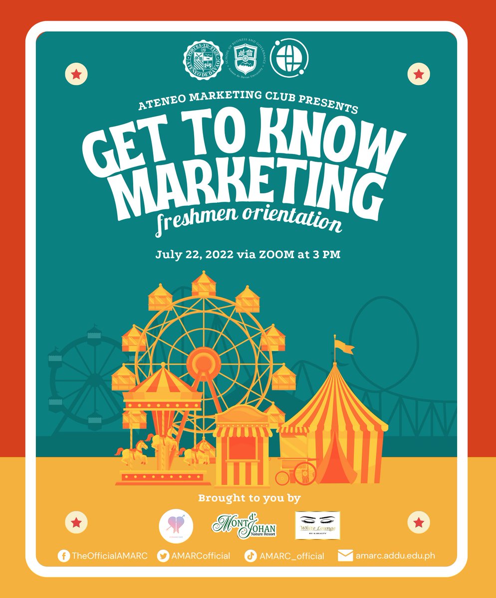 AMARCofficial's tweet photo. 𝘈𝘳𝘦 𝘺𝘰𝘶 𝘳𝘦𝘢𝘥𝘺 𝘍𝘳𝘦𝘴𝘩𝘪𝘦𝘴? 🎪🎉

Prepare yourselves 𝙔𝙊𝙐𝙉𝙂 𝙈𝘼𝙍𝙆𝙀𝙏𝙀𝙉𝙀𝘼𝙉𝙎! Mark your calendars for July 22, 2022 (Friday), from 3:00 PM to 5:00 PM on Zoom. Let us start the beginning of our semester with a blast! 🎇🎆

#AMARC🌐
#GETTOKNOWMARKETING❓ https://t.co/YzinWw59el