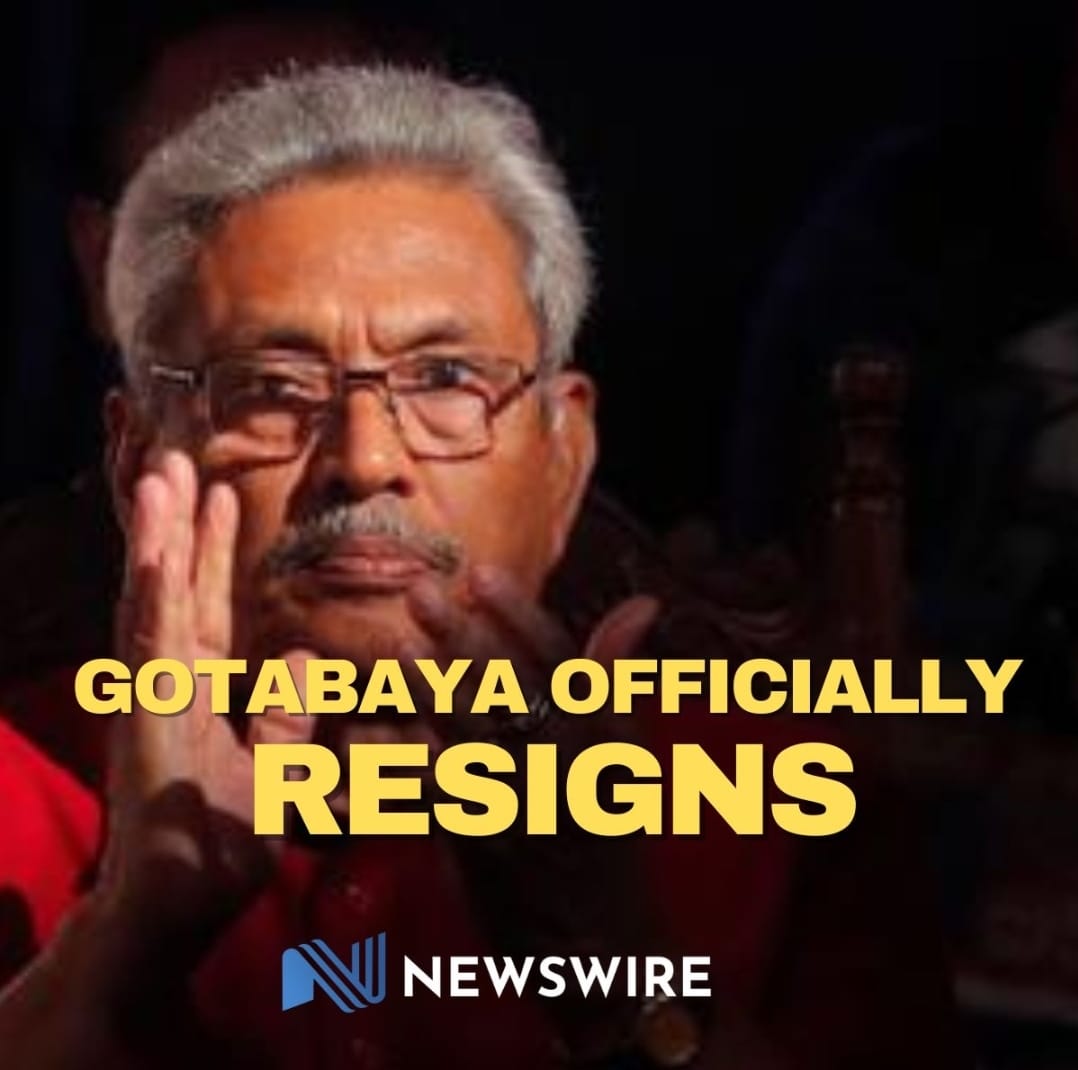 NewsWireLK's tweet photo. Sri Lanka President Gotabaya Rajapaksa has resigned https://t.co/Lj4lH8iXp3