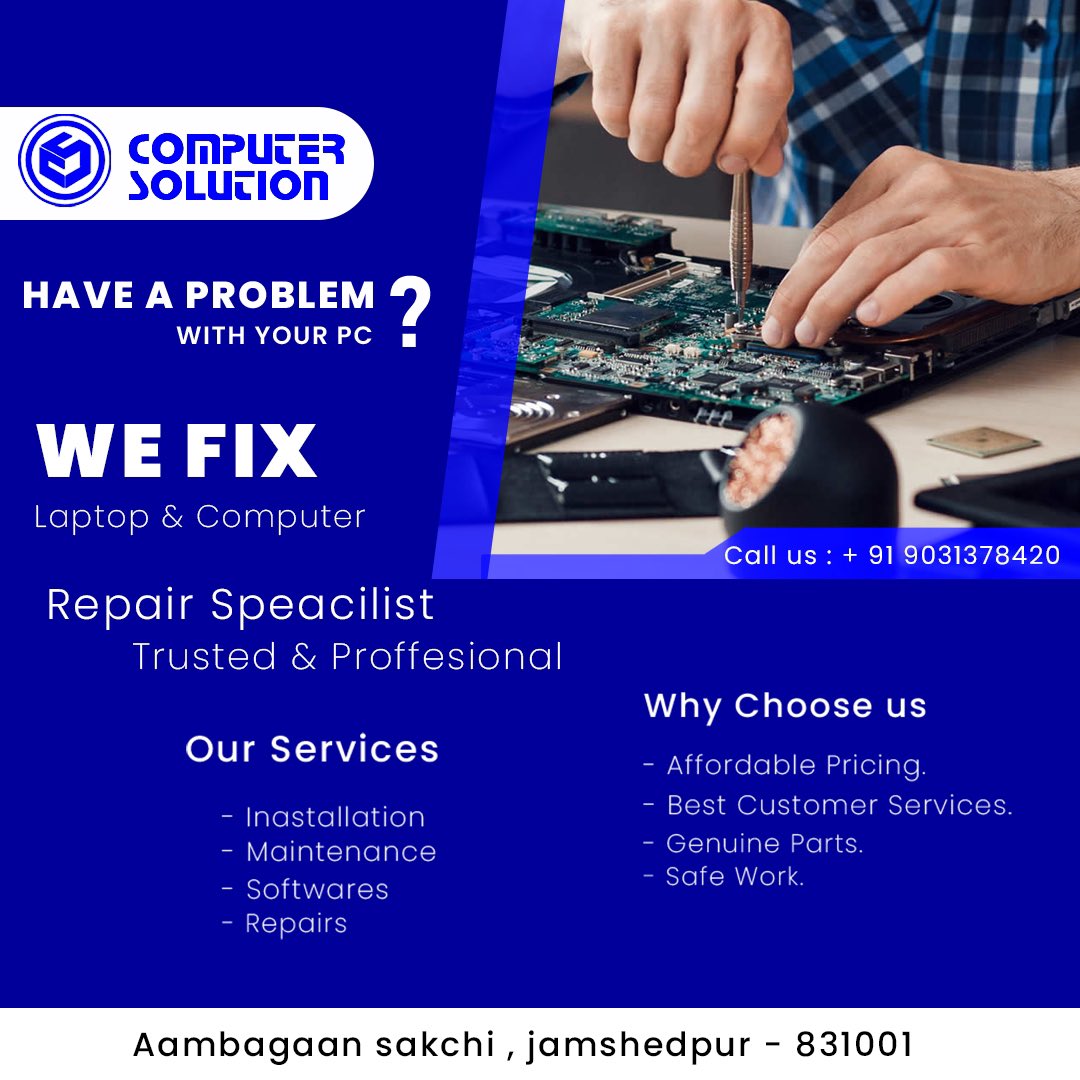 CS_ITmall's tweet photo. WE FIX Laptop &amp; Computer

Visit: Computer Solution IT Mall 
Call us:- +91 9031378420 https://t.co/sjQaM6Tg04