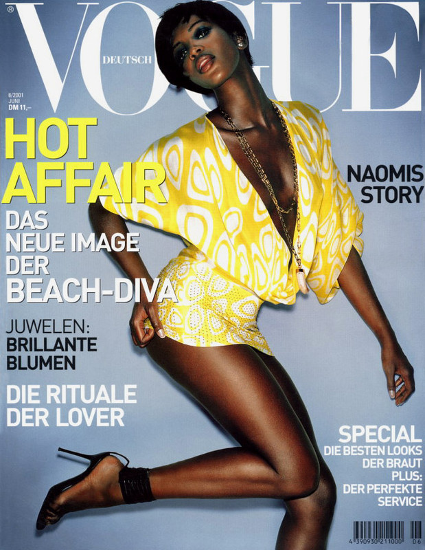 Naomi on the cover of Vogue Germany wearing Roberto Cavalli, June 2001 by Vincent Peters