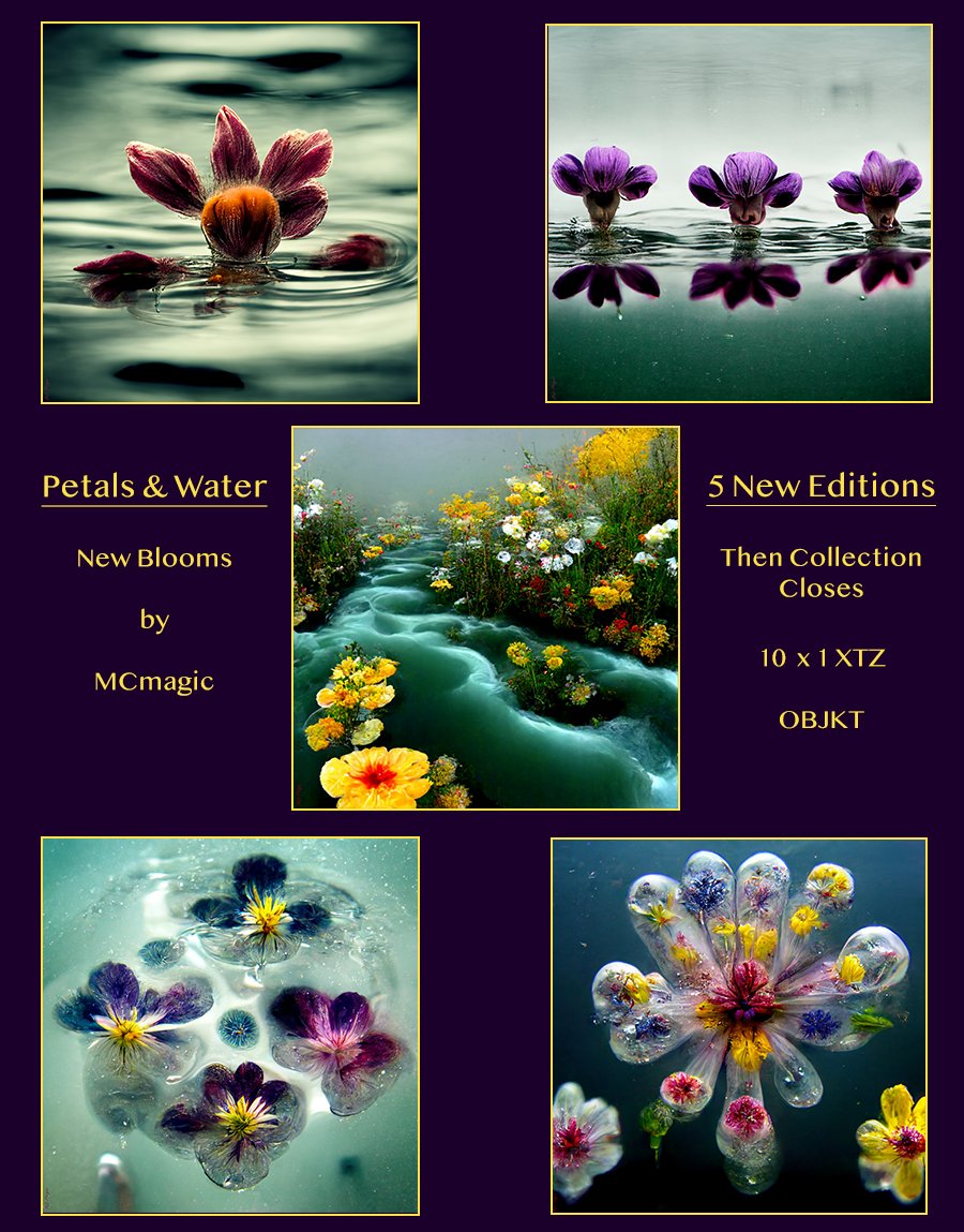 Very happy to announce MCmagic's New Blooms. 
5 new editions added to her "Petals &amp; Water" collection. Once these flowers are picked, the collection will close. 
10 x 1 #tezos #tezosartweek 
Primary collection 66/80 sold / 3 Eds Sold Out
(under drcc_art on Objkt. Link 👇)