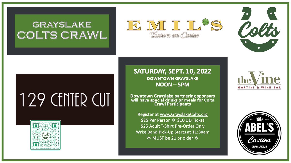 Wristbands for our Colts Crawl are ready to be purchased!! Sept. 10 from Noon to 5pm in downtown Grayslake!! #share #SpreadTheWord