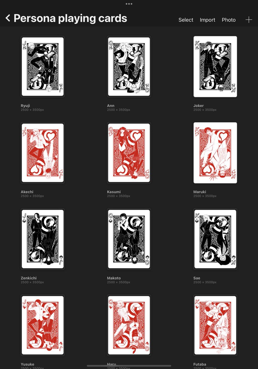 Version5Art's tweet photo. I’m happy with my character choices and how I grouped them both horizontally and vertically 🥲 I’m going to make the numbered cards then make a physical deck https://t.co/p3YCAUiW9H