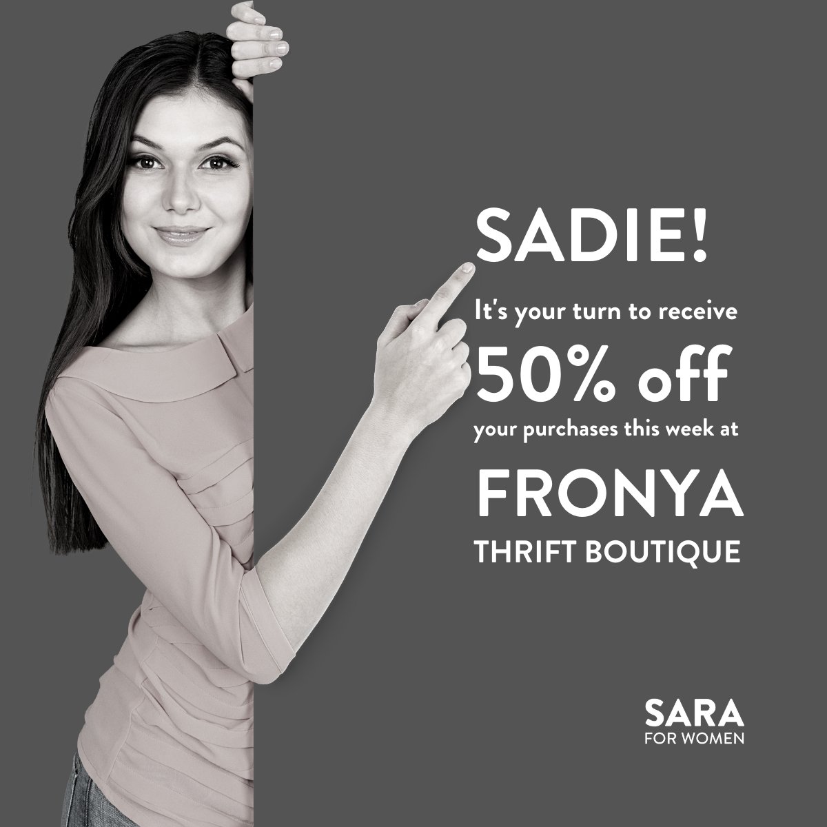 SARAforWomen's tweet photo. Hello #Sadie! It's your turn to receive 50% off at #FronyaThriftBoutique* in @MissionDowntown. Your personal sale ends at the end of business on Mon.

*Fronya is a SARA #SocialEnterprise in #MissionBC.
#ShopLocal #WorkClothes #SummerClothes #PartyClothes #CasualClothes #Community https://t.co/5OzfsV0wzr