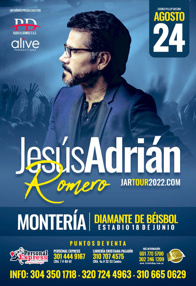 Luiscobe5's tweet photo. Montería vibrará con la música de @jaroficial #ElTourDeLaEsperanza este 24 de Agosto en el Estadio de Béisbol 18 de Junio. ¡Imperdible! @AlbaLuzEspejoM @robertoserrano @DrAaronHouse @vastagomusic #PDAudioYSonidoSAS #AliveProductions https://t.co/ZRhuyCItU4