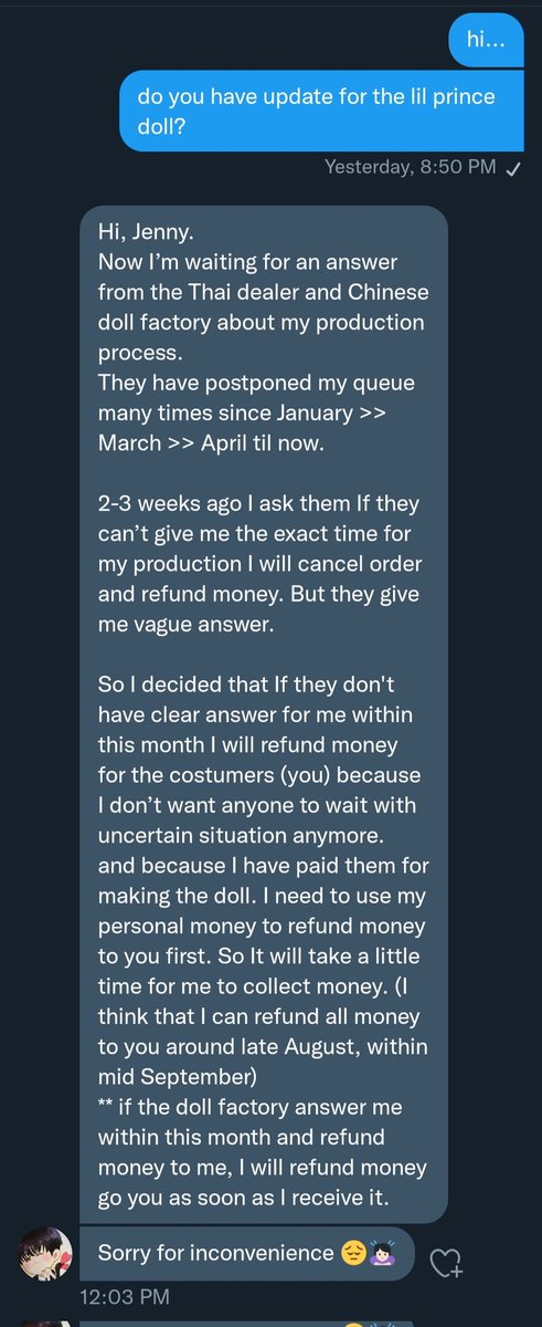 LoveBeshies's tweet photo. [UPDATE]

We know you're all feeling anxious about your LIL PRINCE DOLL and we would like to apologize for a long wait. Here's the latest comms bet us &amp; the seller. Rest assured that should it come to the point that she has to cancel the order, she will send us a refund.

Admin J https://t.co/33EJMEEcoC