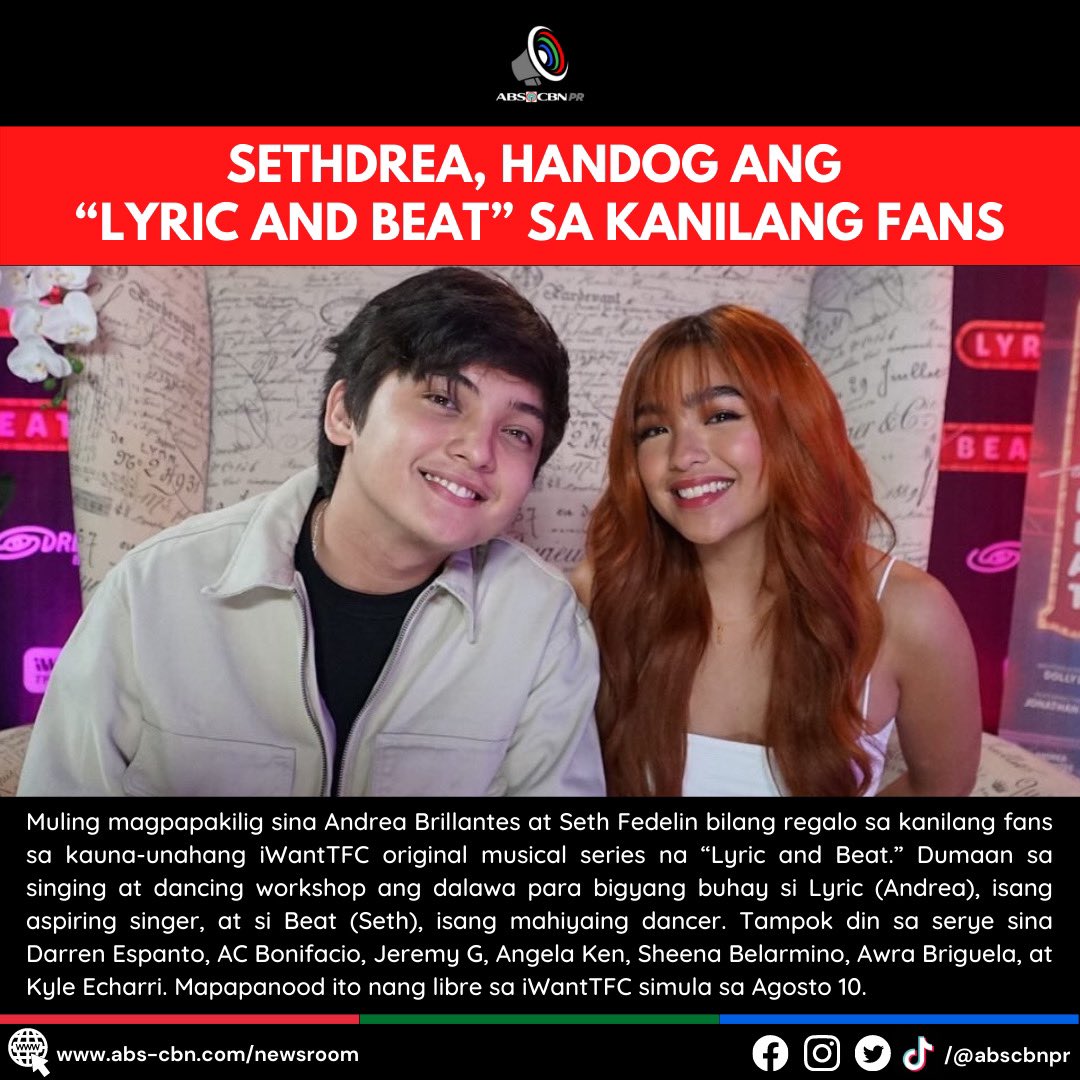 ABSCBNpr's tweet photo. Abangan sina Andrea Brillantes at Seth Fedelin sa #LyricAndBeat - iWantTFC’s first original musical series. Streaming for free on August 10! 🎶💕

#LABSethDreaBlogcon https://t.co/0e61hcmod1