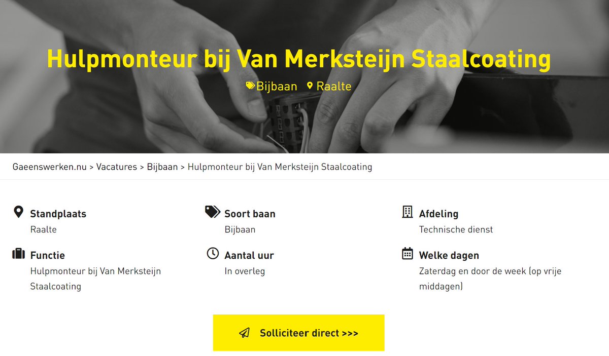 Ken je iemand die op zoek is naar #zaterdagwerk? Van Merksteijn Staalcoating is op zoek naar een #hulpmonteur

Zie vacatureomschrijving op: gaeenswerken.nu/vacatures/hulp… zeg het voort.

#bijbaan #bijklussen #bijleren #geldmaken #cash #litwerk #werkenopzaterdag #technieksalland