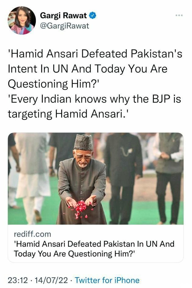 Dear <a href="/GargiRawat/">Gargi Rawat</a>, When you attack the BJP and hurriedly give #HamidAnsari a clean chit, please also mention that he is your Father-in-Law's brother. It will help people put things in the correct perspective.