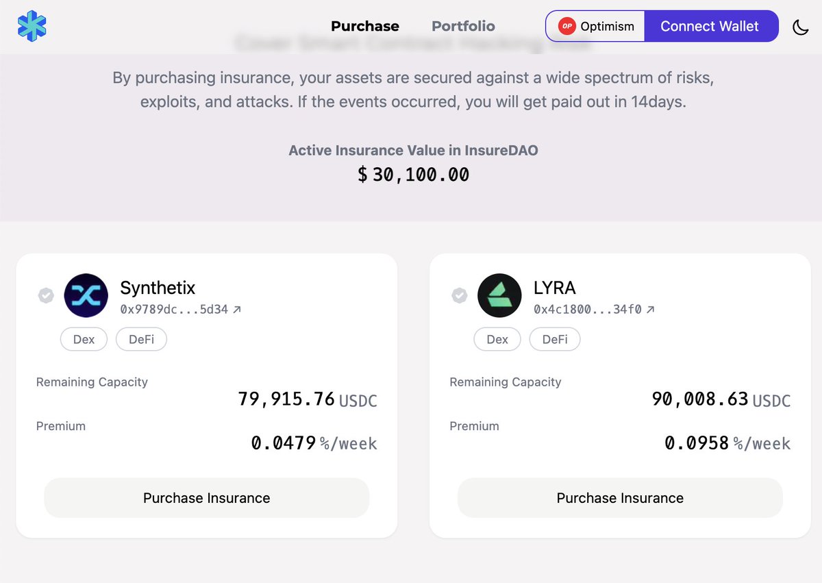 We've removed the max capacity of $5,000 for each insurance purchase on Optimism.

You can now purchase insurance for as much cover amount as you want now!
app.insuredao.fi/optimism