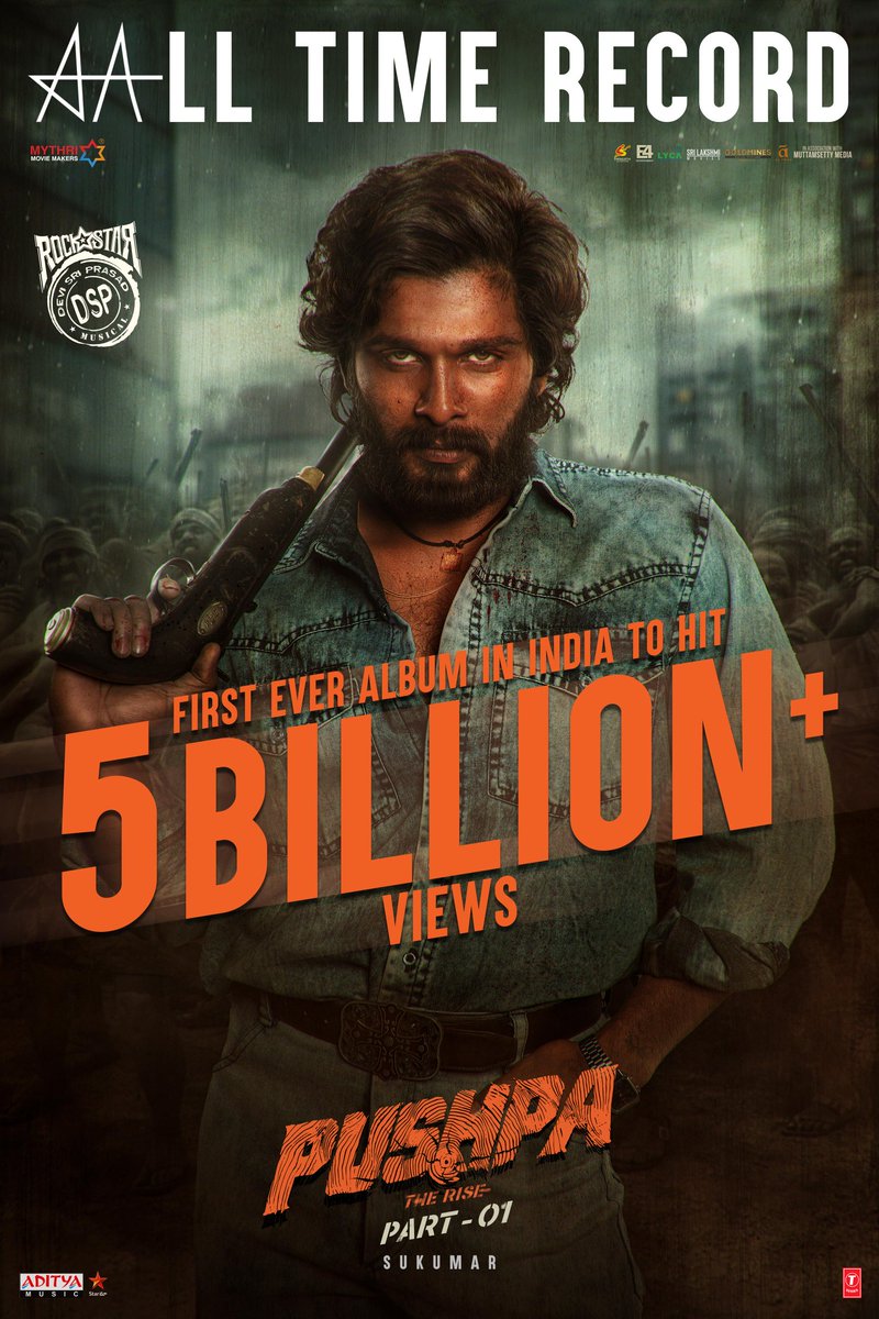MythriOfficial's tweet photo. The Biggest Ever Feat In Indian Cinema ❤️‍🔥

Celebrating #5BViewsForPushpaAlbum 🔥

A Rockstar @ThisIsDSP Musical🎧

Icon Star @alluarjun @iamRashmika @aryasukku @TSeries @adityamusic https://t.co/mbZN1kFthX