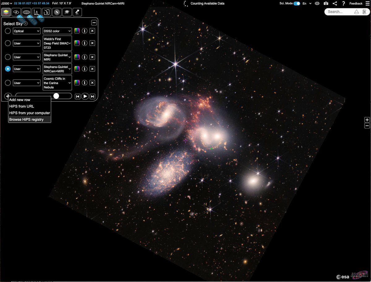 ESAesdc's tweet photo. .@CdSportal, and particularly @bochthomas, have created background skies (HiPS) of some of the #Webb PR images and published them in the #IVOA HiPS registry! Thanks to them for this, they can also be loaded in #ESASky! #EuropeMeetsWebb #UnfoldTheUniverse
https://t.co/TennGwQbQH https://t.co/5kpqvaAuYR