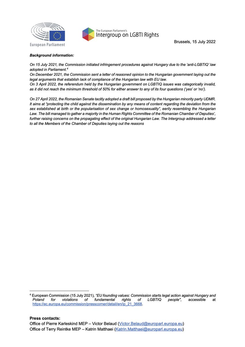 LGBTI Intergroup (@lgbtiintergroup) on Twitter photo 🏳️🌈 On the 1 year anniversary of <a href="/EU_Commission/">European Commission</a> initiating infringement procedures against Hungary for its ‘anti-LGBTIQ’ law, it now brings the case to the <a href="/EUCourtPress/">EU Court of Justice</a>
📢 find below the comments from our Bureau members <a href="/TerryReintke/">Terry Reintke</a> (<a href="/GreensEFA/">Greens/EFA in the EU Parliament 🌍</a>) and <a href="/Pierre_Ka/">Pierre Karleskind</a> (<a href="/RenewEurope/">Renew Europe</a>) 🏳️🌈 On the 1 year anniversary of <a href="/EU_Commission/">European Commission</a> initiating infringement procedures against Hungary for its ‘anti-LGBTIQ’ law, it now brings the case to the <a href="/EUCourtPress/">EU Court of Justice</a>
📢 find below the comments from our Bureau members <a href="/TerryReintke/">Terry Reintke</a> (<a href="/GreensEFA/">Greens/EFA in the EU Parliament 🌍</a>) and <a href="/Pierre_Ka/">Pierre Karleskind</a> (<a href="/RenewEurope/">Renew Europe</a>)