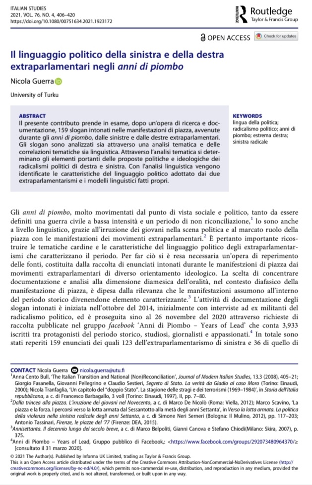 nicola__guerra's tweet photo. #ItalianStudies. #Extremeright and #extremeleft political #radicalism in #Italy during the #YearsOfLead. Key thematic areas, #hatespeech, #politicalviolence, #radicalisation.
Slogans of #radical #mobilization. https://t.co/9PU922chjz https://t.co/BDbuRLWHDV