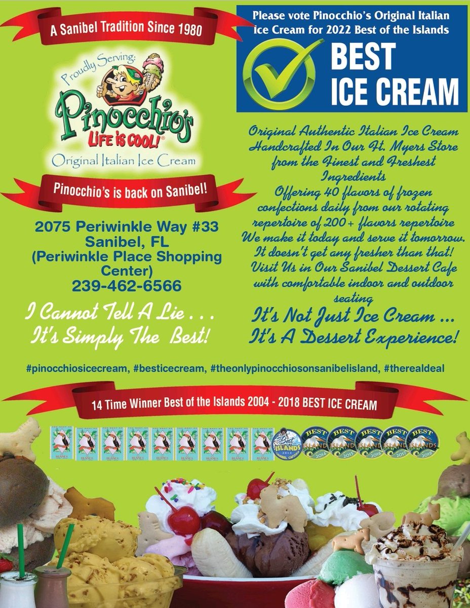PinocchioSI's tweet photo. Please vote Pinocchio's for Best of the Islands BEST ICE CREAM again in 2022. Vote here: https://t.co/WaBqbMBzy8

Grazi (Thank You) to our Loyal Fans. We Love You Too.   #pinocchiosicecream #besticecreamonsanibelispinocchios #sanibelkrunch #bestoftheislands #voteforpinocchios https://t.co/Hvl0RIUdya