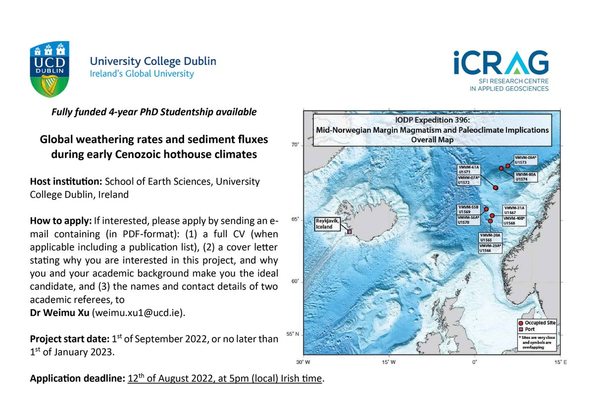 📢A fully funded 4-year PhD position <a href="/UCD_Earth_Sci/">UCD Earth Sciences</a> <a href="/iCRAGcentre/">iCRAG Centre</a> to study global weathering rates and sediment fluxes during early Cenozoic hothouse climates. #IODP #Exp396 <a href="/ECORD_IODP/">ECORD</a> 
Full details: ucd.ie/earthsciences/…