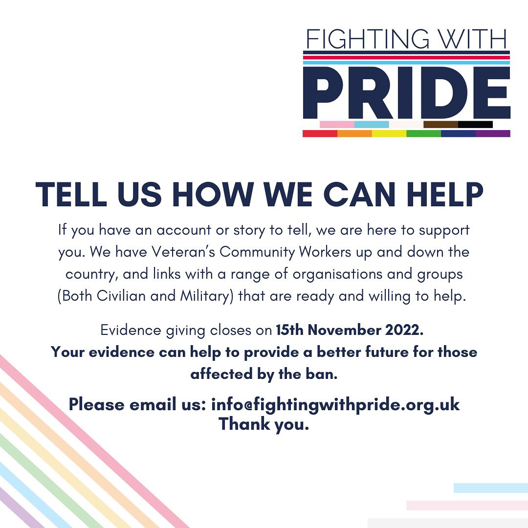 fightingwpride's tweet photo. Today is a huge day for FWP, the LGBT Independent Veterans Review and most importantly, those affected by the ban. We are finally able to begin to gather evidence to put to the review. This is a chance to share your stories, and we can help. Contact info@fightingwithpride.org.uk https://t.co/gCuicvBp1p