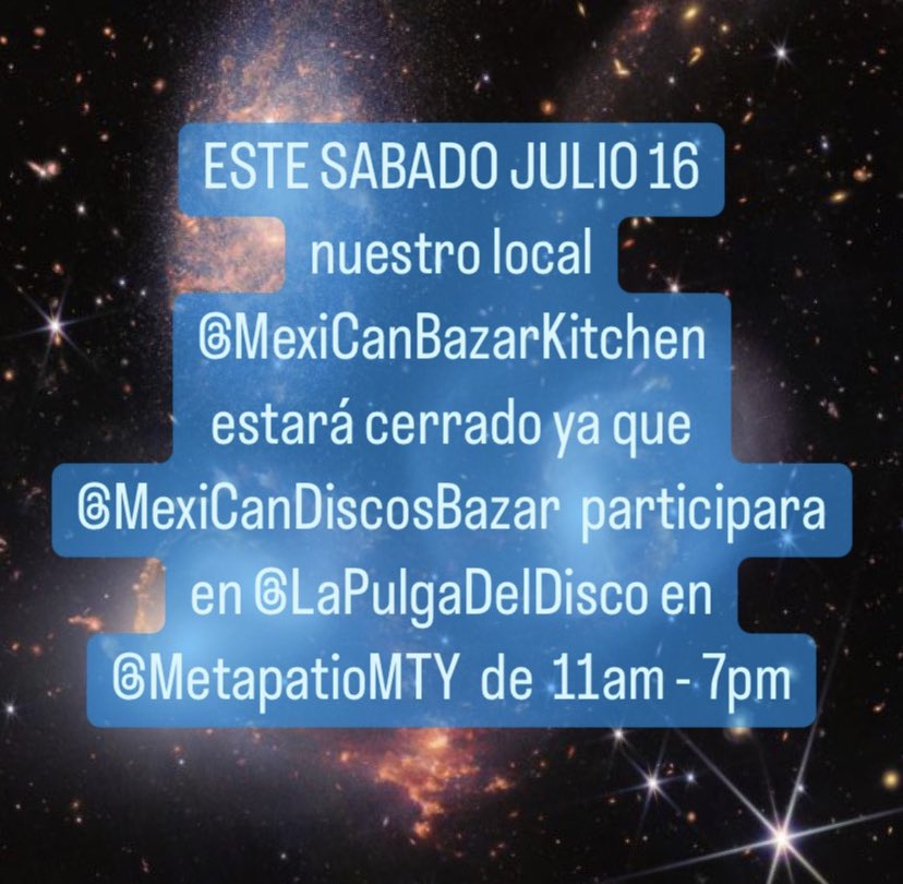 MexiCanSmashB's tweet photo. 🚨🚨 SABADO JULIO 16 🚨🚨@MexiCanBK estará 
en #LaPulgaDelDiscoMTY en #MetapatioMTY 

Nuestro local @MexiCanSmashB permanecerán cerrado ese dia. Nos vemos en #Metapatio

#Viniles #ElDiscoEsCultura #TiendasDeDiscos #LPs #VinylCommunity #Vinyl #LaPulgaDelDiscoMTY #CDs #RecordStore https://t.co/Ti4UBI6QuN