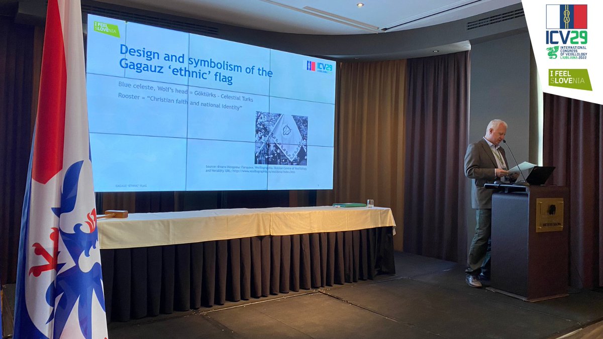 HeraldicaSVN's tweet photo. Friday lectures at #ICV29🐉🇸🇮
Stoyan Antonov (@BGHeraldry) presented lecture with title "Mistranslation of Vexillological Data From Virtuality to Practice: The Gagauz ‘Ethnic’ Flag". https://t.co/klDEoYGJmu