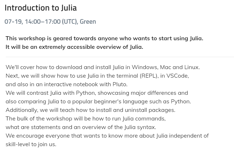 "Introduction to Julia" with Jose Storopoli - The first JuliaCon 2022 workshop takes place on Tuesday 19th July 2022 at 14:00hr-17:00hr UTC. 
Participation is free, but conference registration is required in advance. RSVP at juliacon.org

#Julia #Coding #opensource