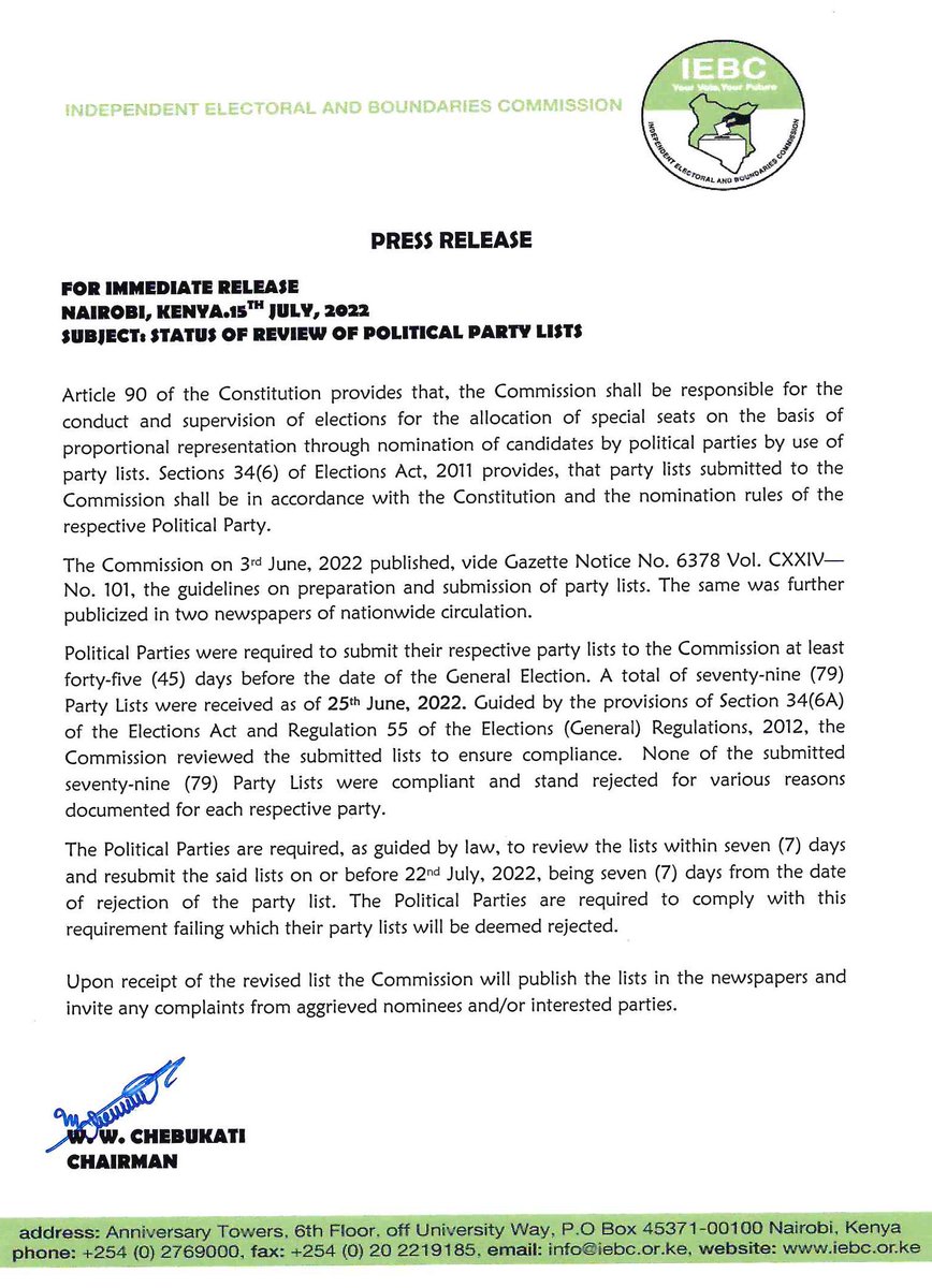 IEBCKenya's tweet photo. Press Release: Status of Review of Political Party Lists
https://t.co/wlHje4VOYp
#GE2022 https://t.co/IoN7BHTuaq