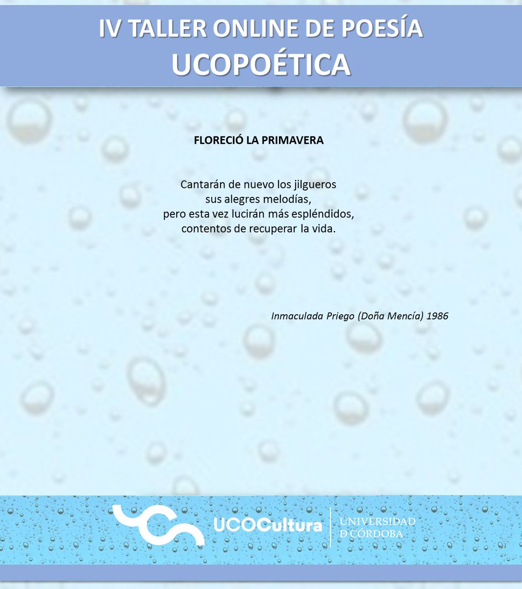 Y terminamos la semana, y con ella los trabajos de alumnos y alumnas del IV Taller de Poesía Online <a href="/ucopoetica/">Ucopoética</a> <a href="/UCOCultura/">UCOCultura</a> <a href="/Univcordoba/">Universidad Córdoba</a>, leyendo a Inmaculada Priego.
