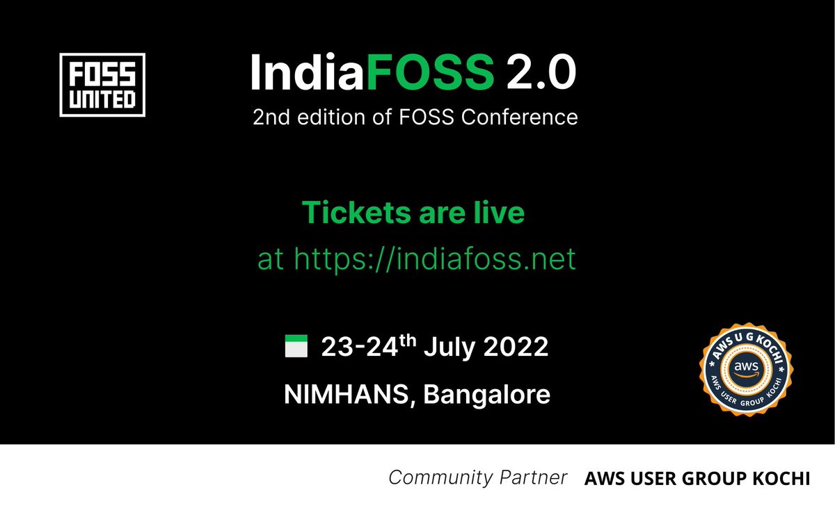 awsugkochi's tweet photo. We are glad to announce the partnership with @FOSSUnited for the @IndiaFOSS 2.0.
IndiaFOSS is a yearly conference to interact with the Free and Open Source Software community in India.
📍 23-24 July 2022, Bangalore
https://t.co/JwAVcWAbvg https://t.co/1ogtgsUujd