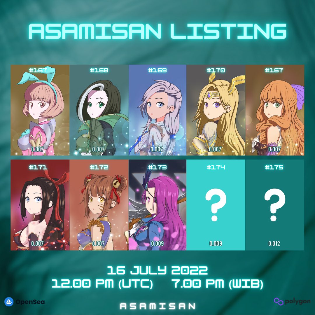 Asamisan New Listing Date🔥

Available on <a href="/opensea/">OpenSea</a> ✨
Polygon✨
DON’T BE LATE, SET YOUR ALARM❤️
opensea.io/collection/asa…

#NFTs #NFTartist #nftcollector  #PolygonNFT #nftart #nftcollectors  #NFTJapan #nftcommunity #NFT #NFTdrop #NFTCommunity #animegirl #animenft #asamisan