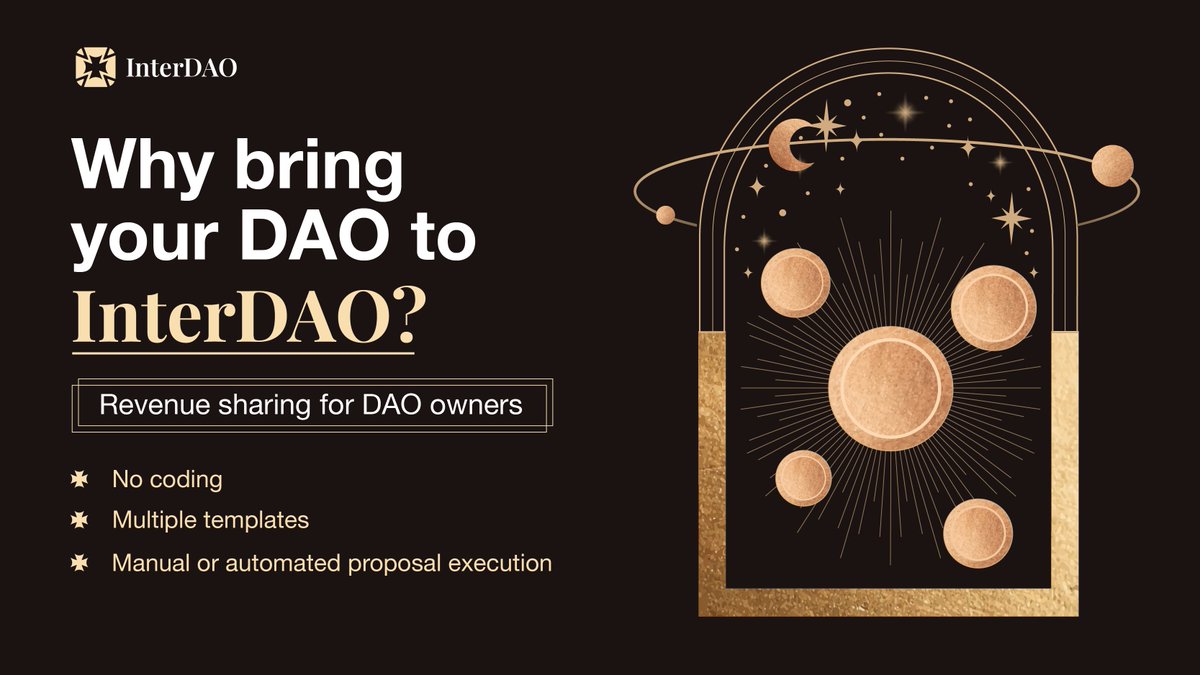 SentreProtocol's tweet photo. 🧐 WHY CREATE YOUR DAO ON InterDAO?

🔥 REVENUE SHARING only for DAO owners 🔥

🧩 Multiple frameworks
🧩 Manual or automated proposal execution
🧩 Build your own template

✅ InterDAO also can be integrated on YOUR OWN SITE!🤝

👉 Try it now: https://t.co/5SICjODLKl
#DAO #NFTs https://t.co/TOJR1rmsvY