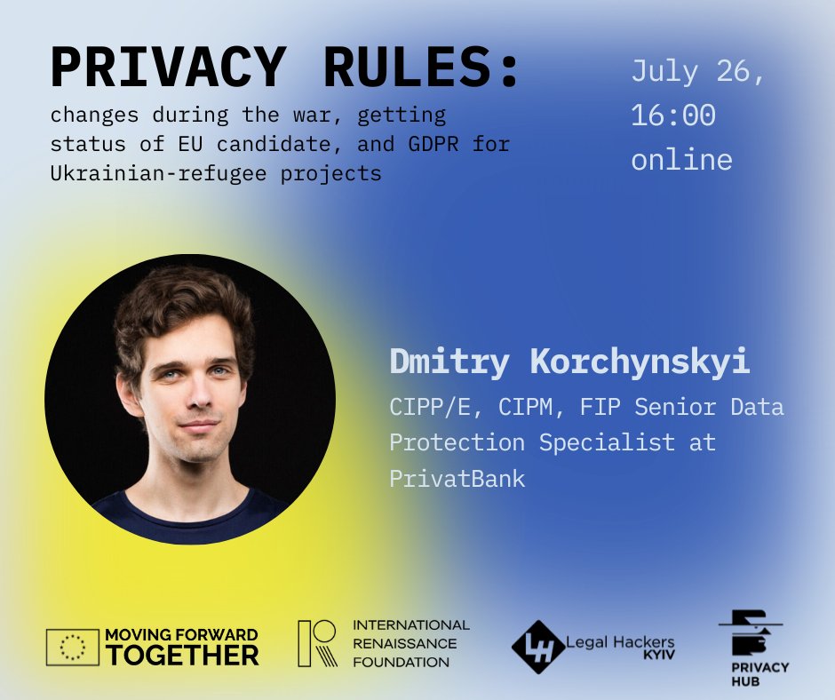 Our speakers 🤗

Dmitry  Korchinskiy — CIPP/E, CIPM, FIP Senior Data Protection Specialist at PrivatBank. 
 
At the event, Dmitry will tell about the importance of privacy during the war and beyond 😎

Register 👉 myprivacy.org.ua/privacy-rules

#privacyrules #event